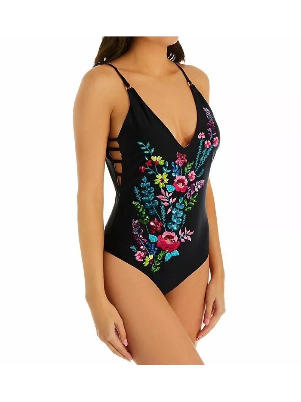 Nanette Lepore Black One-Piece Swimsuit with Multicolor Floral Embroidery